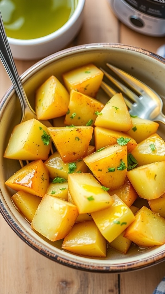 A bowl of golden microwave yellow potatoes garnished with herbs, ready to serve.